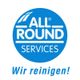 Blauer Kreis mit Text "ALL ROUND SERVICES" und darunter "Wir reinigen!" in Weiß.