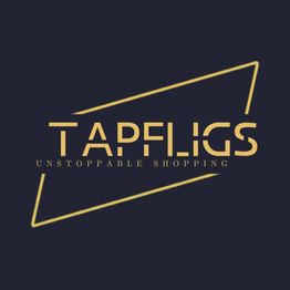 Goldenes Logo „TAPFLIGS“ mit Slogan „Unstoppable Shopping“ auf schwarzem Hintergrund.