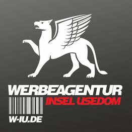 Logo mit geflügeltem Löwen, Text: "Werbeagentur Insel Usedom", Barcode, Website w-iu.de.