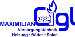 Logo mit Text: "MAXIMILIAN Gigl, Versorgungstechnik, Heizung, Bäder, Solar" in Blau.