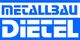 Blau-weißes Logo mit dem Text "Metallbau Dietel" in stilisierter Schrift.
