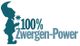 Schattenriss eines Zwergs mit Blume, daneben Text: "100% Zwergen-Power" in Blau.