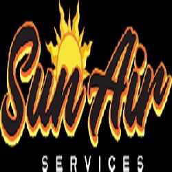 "Sun Air Services logo with a sun illustration behind the text on a black background."