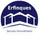 Logotipo de servicios inmobiliarios Erfinques, con dibujo de casas y texto en azul.