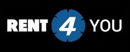 Logo con testo "Rent 4 You" su sfondo nero, con "4" in cerchio blu.