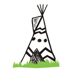 Schwarz-weißes Tipi-Zeichnung mit dekorativen Mustern auf grünem Gras.