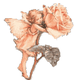 Kleiner Fee in einem rosa Kleid fliegt neben einer großen rosa Blume mit Blättern.