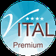 Kreis-Logo mit blauem Verlauf und Text: "VITAL Premium" sowie vier Sternen über dem "I".