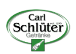 Logo mit grünem Oval, Text "Carl Schlüter Getränke", Flaschenbild unten.