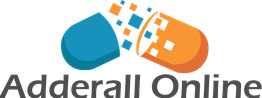 An illustration of a blue and orange capsule breaking apart, with the text "Adderall Online" below.