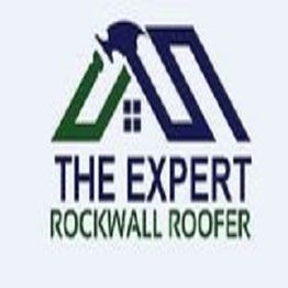 Logo of "The Expert Rockwall Roofer" with a stylized house, roof, and a hammer design.