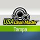 Logo of USA Clean Master Tampa with circular designs in black and white.