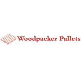 Logo met rode tekst "Woodpacker Pallets" en een afbeelding van een pallet links.