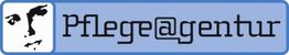 Logo mit Gesicht und Schriftzug "Pflege@gentur" auf blauem Hintergrund.