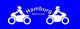 Zwei weiße Motorrad-Symbole auf blauem Hintergrund, Text: "Hamburg Motorcycle".