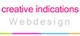 Logo mit dem Text "creative indications Webdesign" in Pink und Grau, unterstrichen mit buntem Streifen.