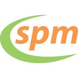 Logo mit orangefarbenem Text "spm" und grünem Bogen darum.