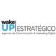 Logotipo de "wake UP ESTRATÉGICO", agencia de comunicación y marketing digital. Texto negro y azul.
