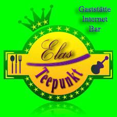 Grünes Logo mit "Elas Teepunkt", Besteck und Gitarre, Text: "Gaststätte, Internet, Bar".