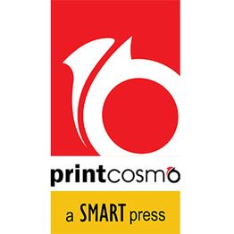 Red and white logo with "printcosmo" and "a SMART press" text on a yellow background.