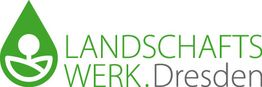 Logo mit grünem Tropfen und Text "LANDSCHAFTSWERK.Dresden" in Grün und Grau.