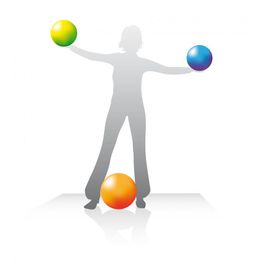 Silhouette einer Person, die drei bunte Bälle jongliert.