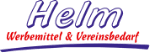 Logo mit Text: "Helm Werbemittel & Vereinsbedarf" in blauer und roter Schrift mit Schwunglinie.