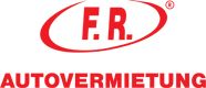 Logo mit rotem Text: "F.R. Autovermietung" in kapitalen Buchstaben und ovalem Rahmen.