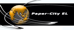 Ein orange-schwarzer Globus mit dem Text "Paper-City EL" auf schwarzem Hintergrund.
