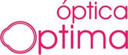 Logo de Óptica Optima en letras rosas con diseño de gafas a la izquierda.