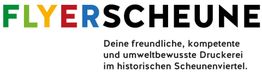 Flyer mit Schriftzug "FLYERSCHEUNE" und Beschreibung der umweltbewussten Druckerei.