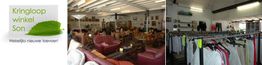 Kringloopwinkel interieur met tweedehands meubels en kledingrekken.
