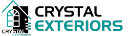 Logo with house outline and arched window, text: "Crystal Exteriors."