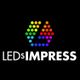 Logo met tekst "LEDs IMPRESS" in wit, met kleurrijke LED-patroon erboven op een zwarte achtergrond.