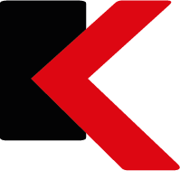 Rotes "K"-Symbol auf schwarzem Rechteck.
