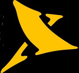 Gelbes, stilisiertes Hai-Symbol auf schwarzem Hintergrund.