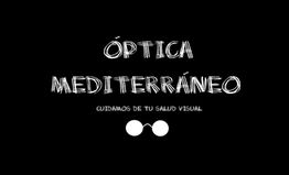 Óptica Mediterráneo: "Cuidamos de tu salud visual" con dibujo de gafas blancas.