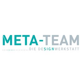 Logo mit Text: "Meta-Team – Die Designwerkstatt" in Türkis und Grau auf weißem Hintergrund.