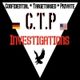 Weißes Dreieck auf schwarzem Hintergrund, Text: "C.T.P Investigations", Flaggen von DE und USA.