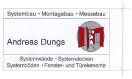 Logo von Andreas Dungs: Systembau, Montagebau, Messebau mit rotem Grafik-Element.