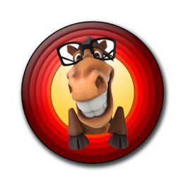 Cavallo animato con occhiali e sorriso ampio in cerchio rosso e giallo.