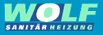 Logo mit Schriftzug "WOLF SANITÄR HEIZUNG" auf blauem Hintergrund.