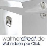 Logo von waltherdirect.de mit Slogan "Wohnideen per Click" und einem Metallhaken.