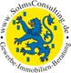 Blaues Löwenwappen auf gelbem Kreis, umgeben von "www.SolmsConsulting.de", "Gewerbe-Immobilien-Beratung".