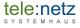 Logo mit grün-blauem Text "tele:netz SYSTEMHAUS".