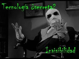 Homem coberto por faixas e óculos escuros, com texto verde sobre tecnologia secreta e invisibilidade.