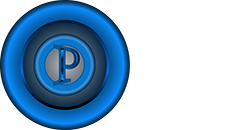 Logotipo em azul com a letra "P" no centro de círculos concêntricos.