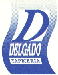 Letra "D" azul con texto "Delgado Tapicería" en un diseño ondulado.