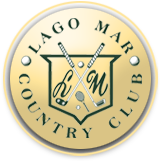 Gold emblem for Lago Mar Country Club with golf clubs and a tennis racket.