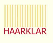 Logo mit gelben vertikalen Linien und rotem Text "HAARKLAR" darunter auf weißem Hintergrund.